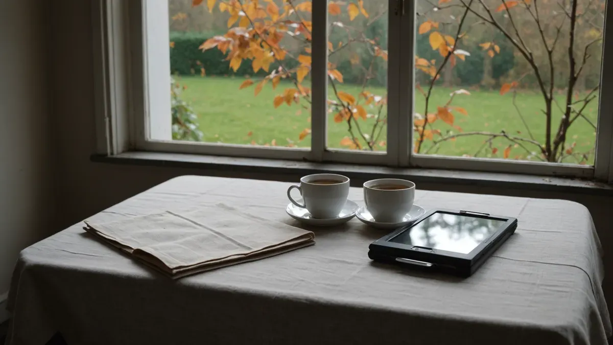 Tablette à l'écran éteint posée sur une nappe de lin, près de deux tasses de thé et d'un journal plié, devant une fenêtre ouverte sur un jardin d'automne