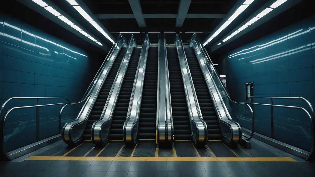 Escalator descendant dans une station de métro déserte, reflets froids sur les parois métalliques