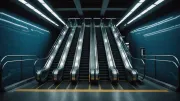 Escalator descendant dans une station de métro déserte, reflets froids sur les parois métalliques
