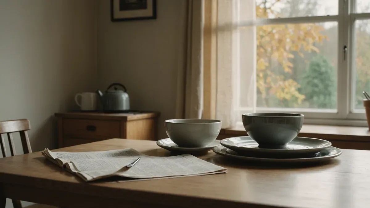 Table de cuisine au petit matin, smartphone posé écran éteint près d'un bol, lumière d'automne filtrée par un rideau