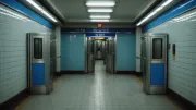 Deux portillons de métro côte à côte dans un couloir carrelé désert, photographiés de trois quarts sous une lumière fluorescente de fin de soirée