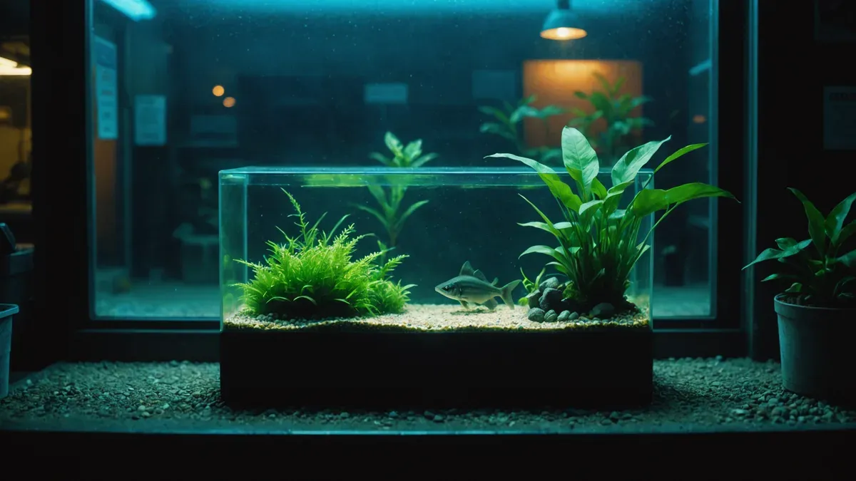 Aquarium éclairé au néon vert dans la vitrine sombre d'une animalerie fermée la nuit, poisson-chat immobile au fond parmi les graviers et une plante artificielle
