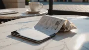 Ticket de caisse froissé posé à côté d'un smartphone sur une table de bistrot en marbre, lumière du matin