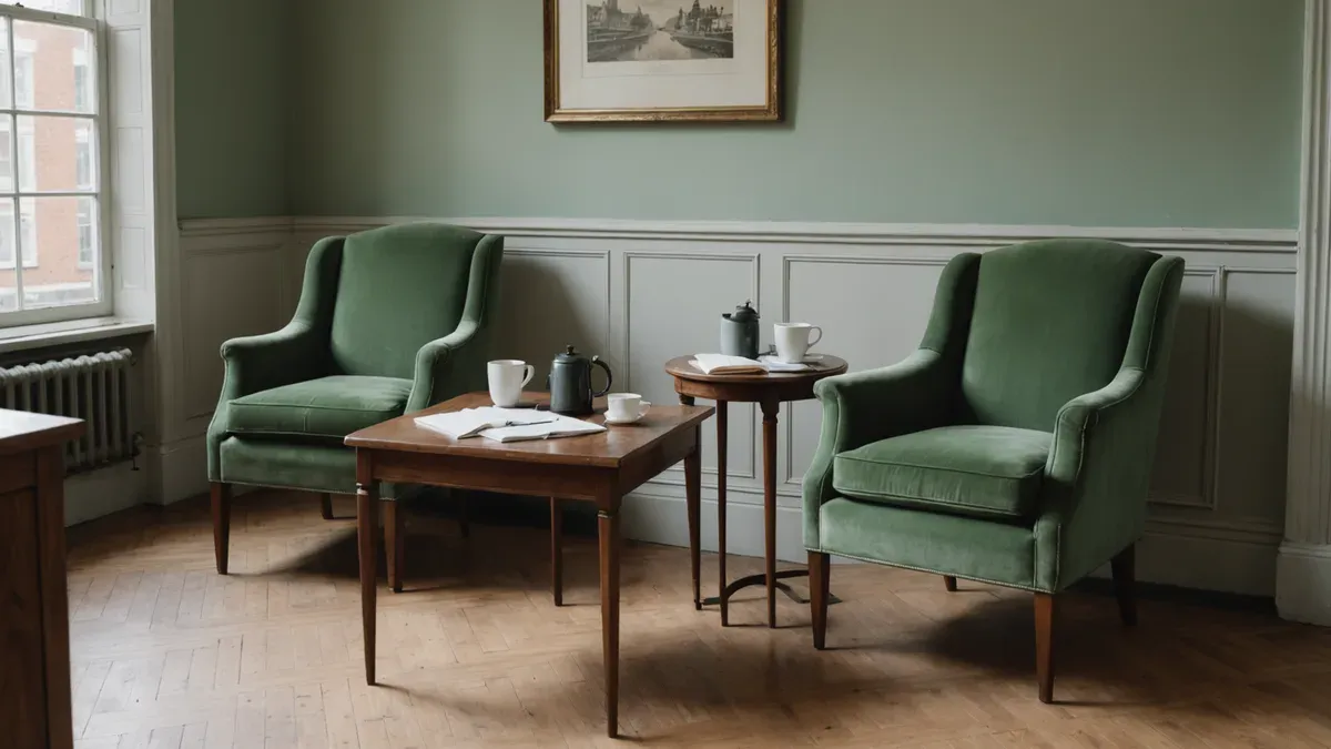 Deux fauteuils verts vides de part et d'autre d'une table en bois où attendent des feuilles imprimées, un stylo et deux tasses