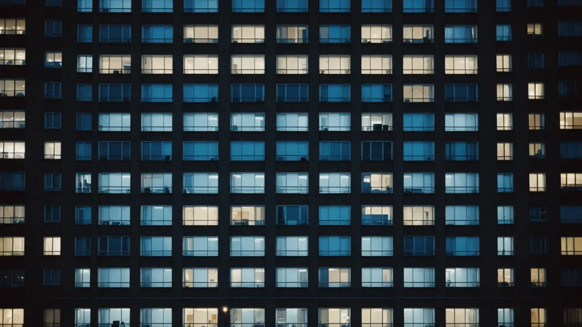 Façade d'immeuble d'habitation à l'heure bleue, une partie des fenêtres éclairées, vue depuis la rue