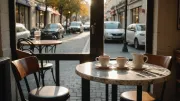 Table ronde en marbre dressée pour deux dans un café, deux tasses et un pichet, rue pavée ensoleillée derrière la vitre