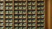 Casiers de tri postal en bois numérotés, alignés sur un mur de bureau administratif, lumière rasante de fin de matinée