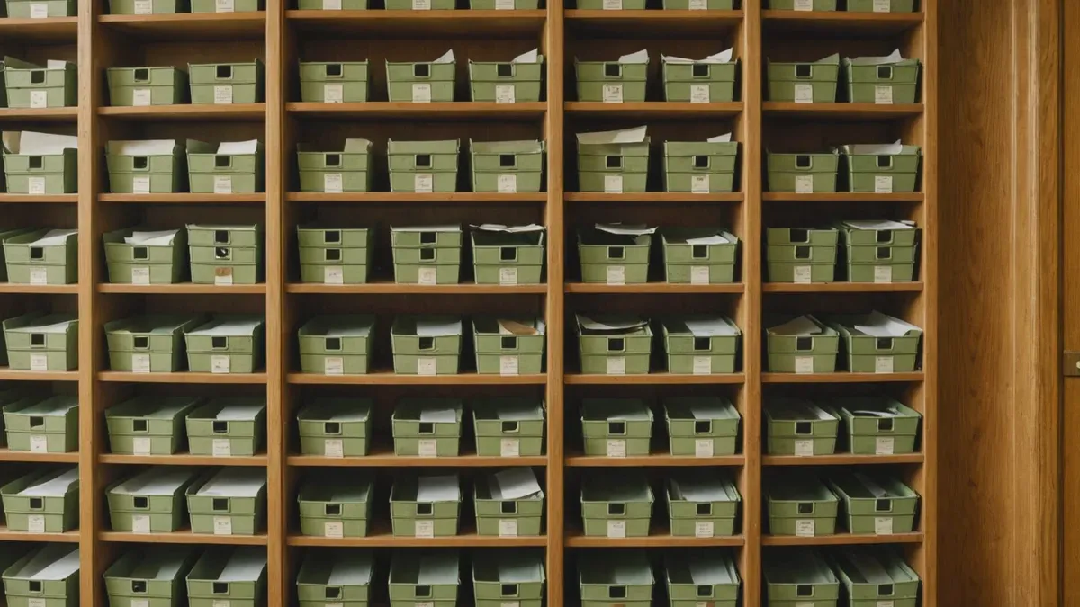 Casiers de tri postal en bois numérotés, alignés sur un mur de bureau administratif, lumière rasante de fin de matinée