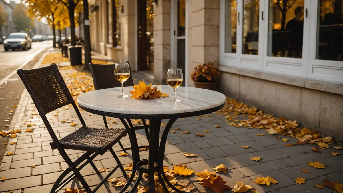 Table de bistrot en terrasse à la fin d'un après-midi d'automne, un seul verre à moitié vide et un téléphone posé face contre la table, feuilles mortes sur le sol