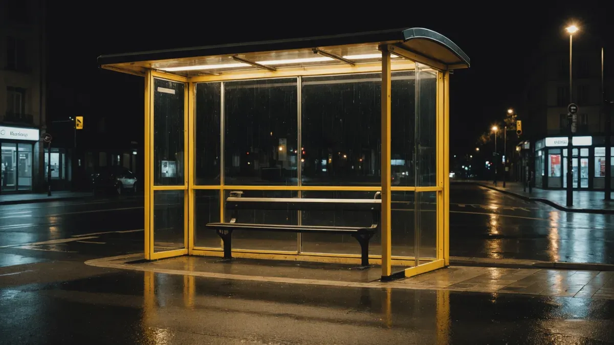 Abribus vitré éclairé et désert au bord d'une rue de nuit sous la pluie, banc vide, asphalte mouillé réfléchissant la lumière jaune des lampadaires