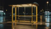 Abribus vitré éclairé et désert au bord d'une rue de nuit sous la pluie, banc vide, asphalte mouillé réfléchissant la lumière jaune des lampadaires