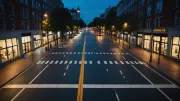 Carrefour urbain vu de haut à l'heure bleue, passants flous sur un asphalte mouillé qui reflète les lampadaires