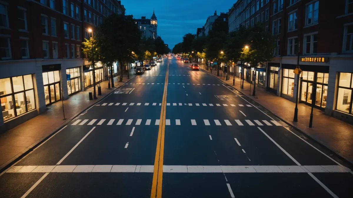 Carrefour urbain vu de haut à l'heure bleue, passants flous sur un asphalte mouillé qui reflète les lampadaires