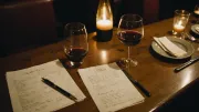 Table de marbre d'un bar à vin le soir, deux verres entamés et une carte manuscrite sous une lumière chaude