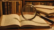Pages d'un dictionnaire ouvert photographiées en gros plan avec une loupe posée en travers, lumière de bibliothèque