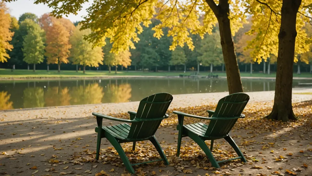 Deux chaises de jardin en métal vert face à un étang de parc urbain, lumière rasante de fin d'après-midi en automne