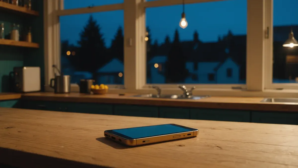 Téléphone posé seul sur un comptoir de cuisine en bois clair, écran éteint, fenêtre bleu nuit et suspension allumée en arrière-plan