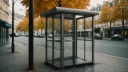 Abribus vitré en fin d'après-midi d'automne, smartphone posé seul sur le banc métallique, circulation floue à l'arrière-plan