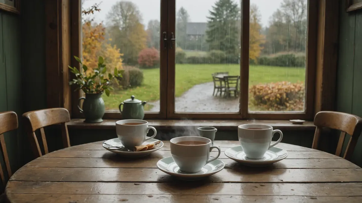 Deux tasses de thé fumantes sur une table en bois près d'une fenêtre pluvieuse, chaises vides se faisant face