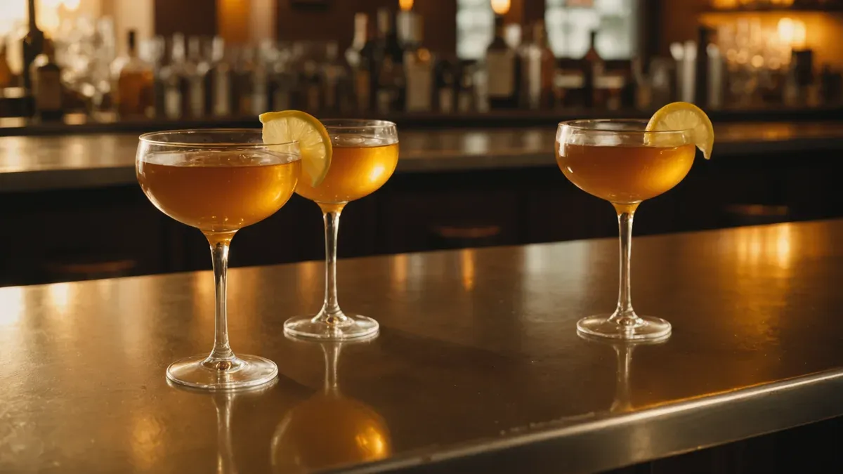 Comptoir de bar en laiton doré avec deux verres identiques posés côte à côte, lumière chaude de fin de journée