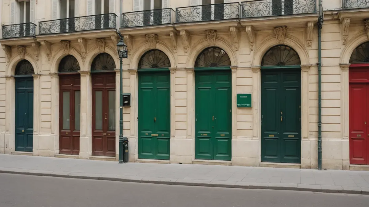 Rangée de portes colorées et toutes différentes sur une façade parisienne, vue en légère contre-plongée